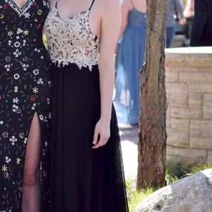 Long Black Prom dress w/ white floral detail